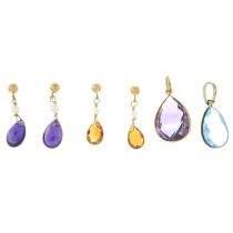 Two pairs of gem earrings & two pendants