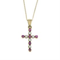 9ct gold diamond & ruby pendant, with chain