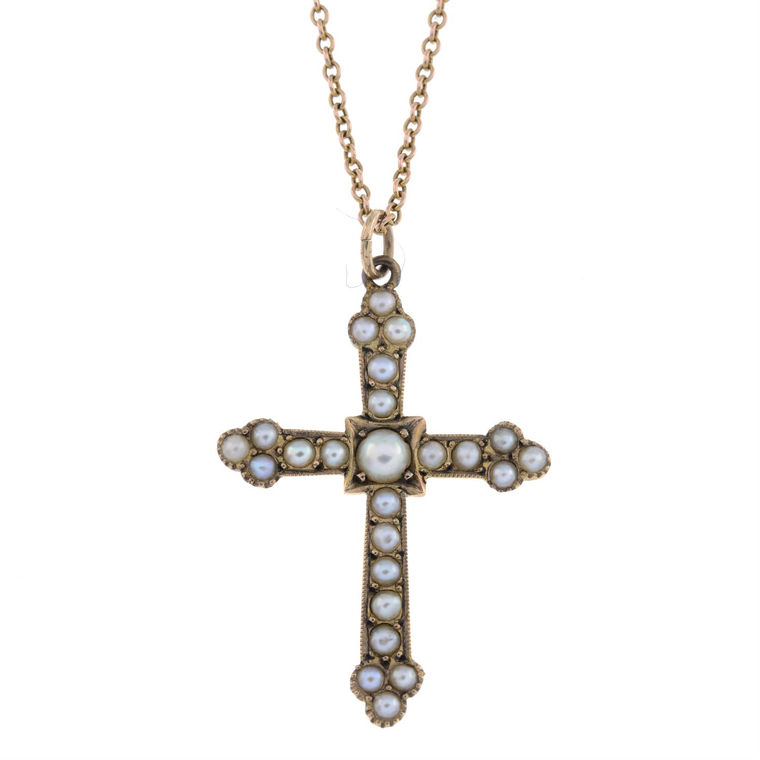 Early 20th century gold split pearl cross pendant, with chain