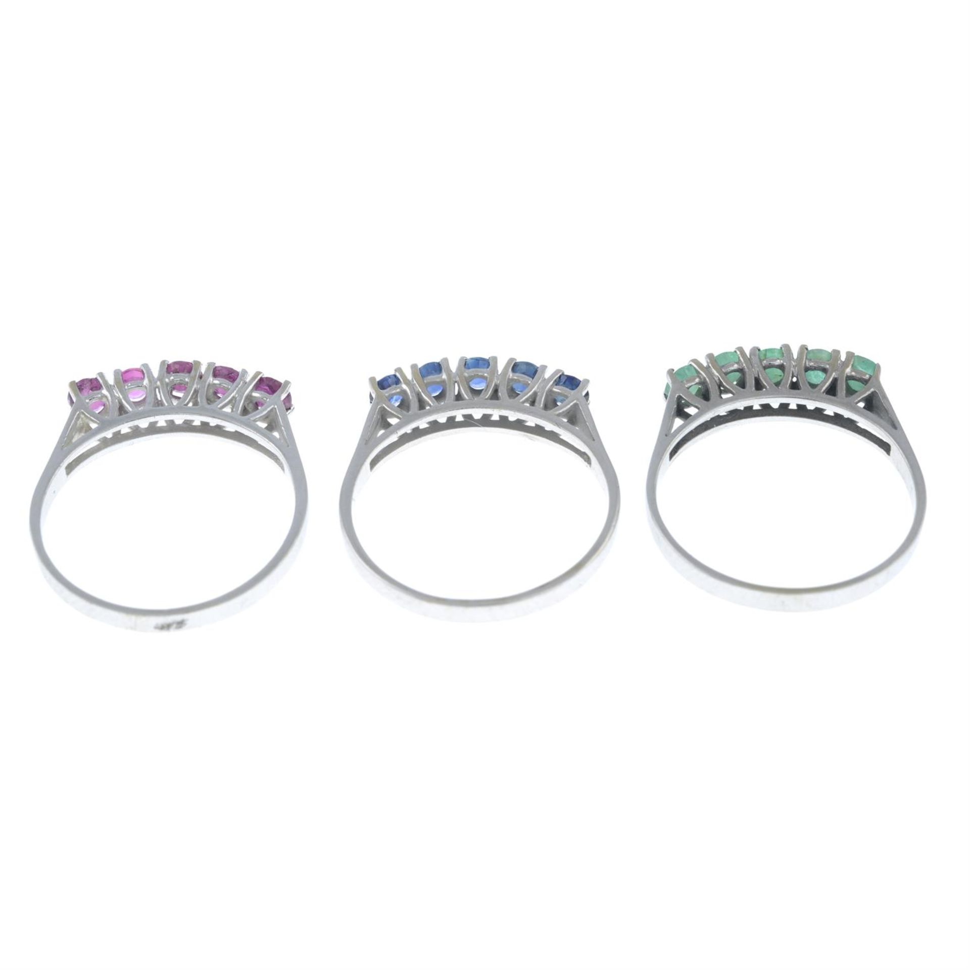 Three gem-set five-stone rings, set with sapphire, ruby and emerald. - Image 2 of 2