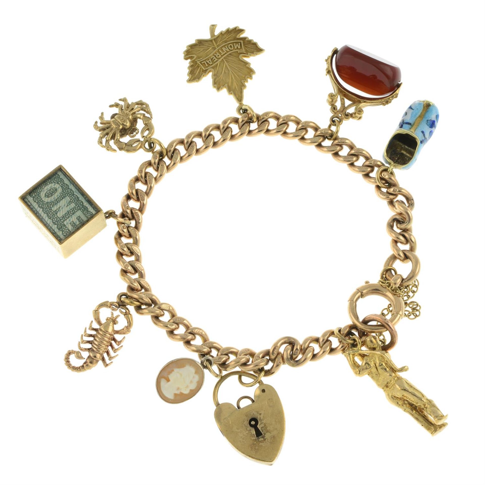 Mid 20th century 9ct gold bracelet, with variously designed charms