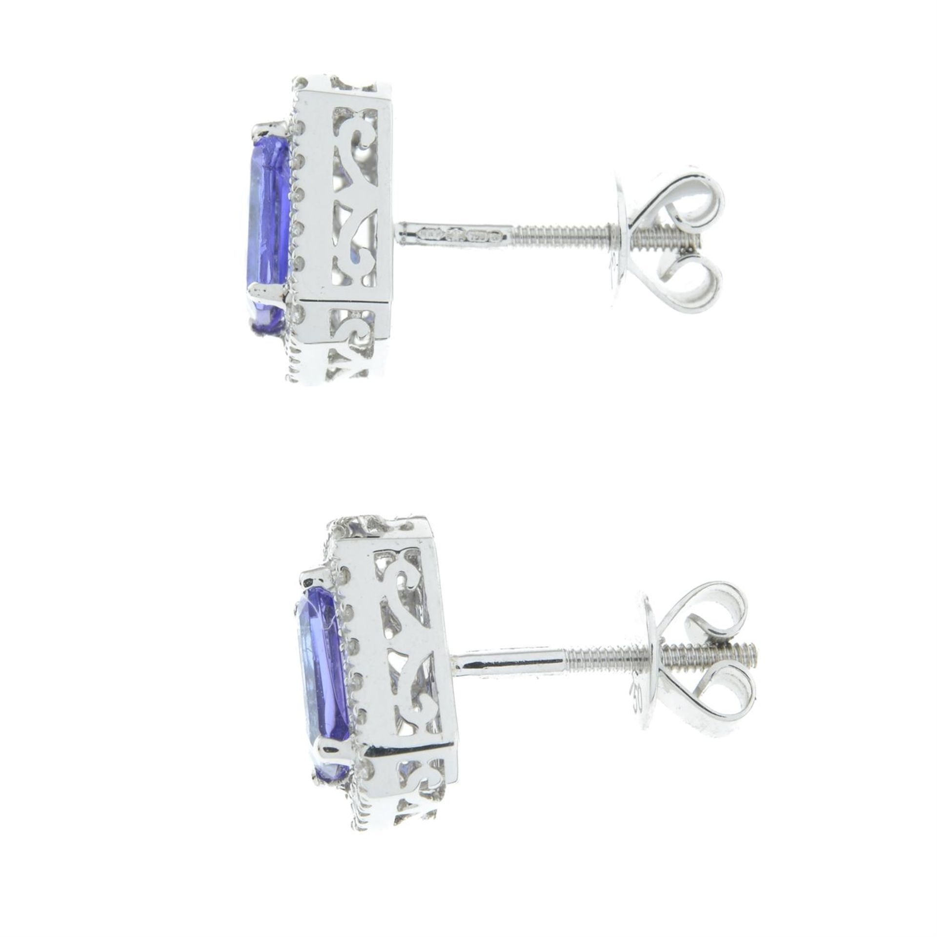 A pair of 18ct gold tanzanite and diamond rectangular cluster earrings. - Image 2 of 2