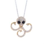Diamond octopus pendant, with garnet eye detail, with chain