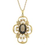 9ct gold smoky quartz & cultured pearl necklace