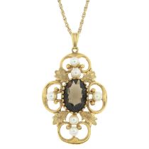 9ct gold smoky quartz & cultured pearl necklace