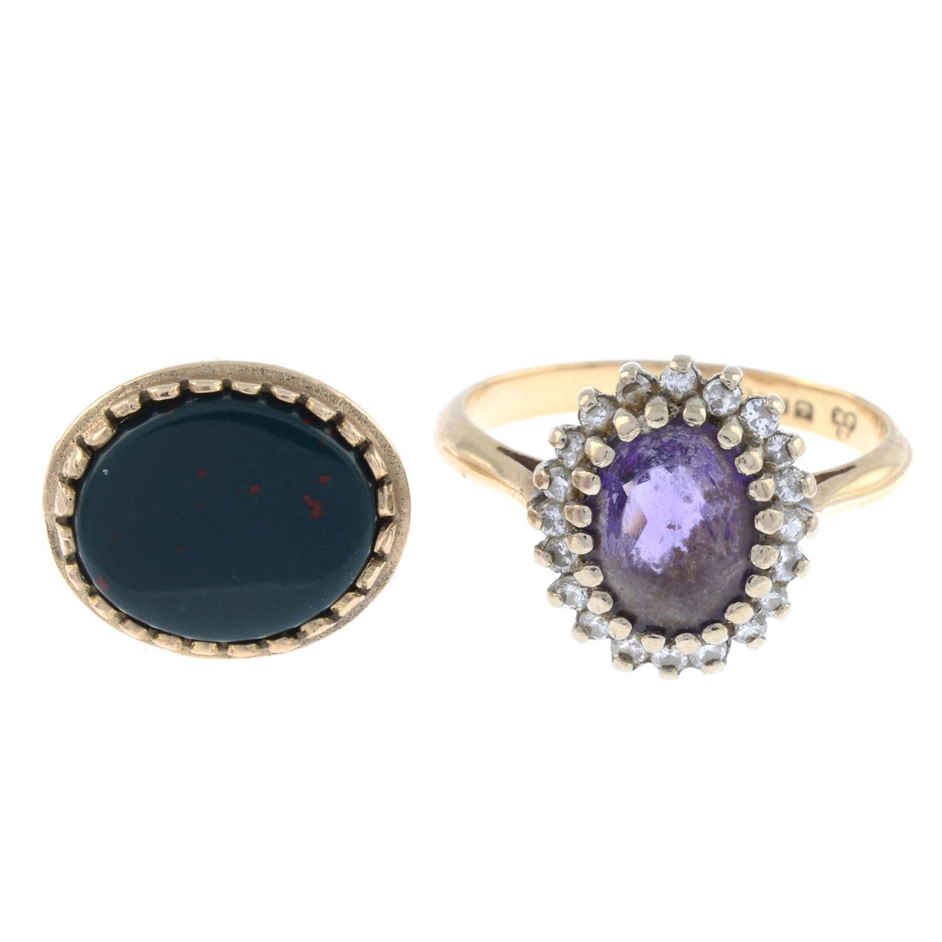 Amethyst & diamond cluster ring, & a fob