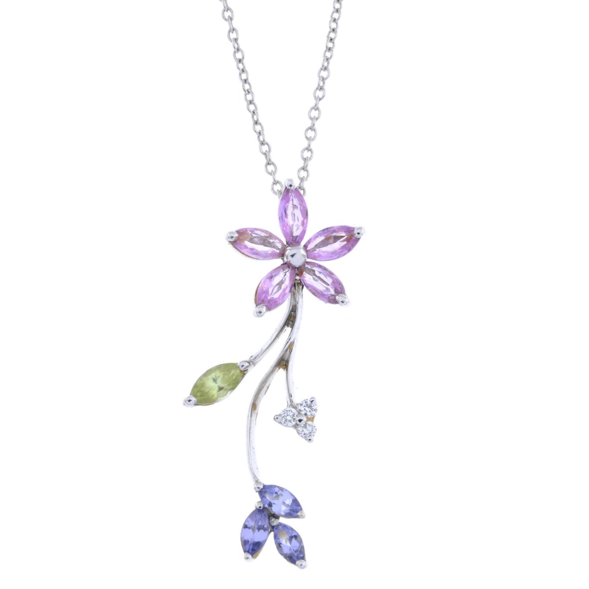 Diamond & vari-hue gem floral pendant, with chain