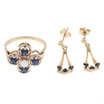 9ct gold opal & sapphire ring & earrings