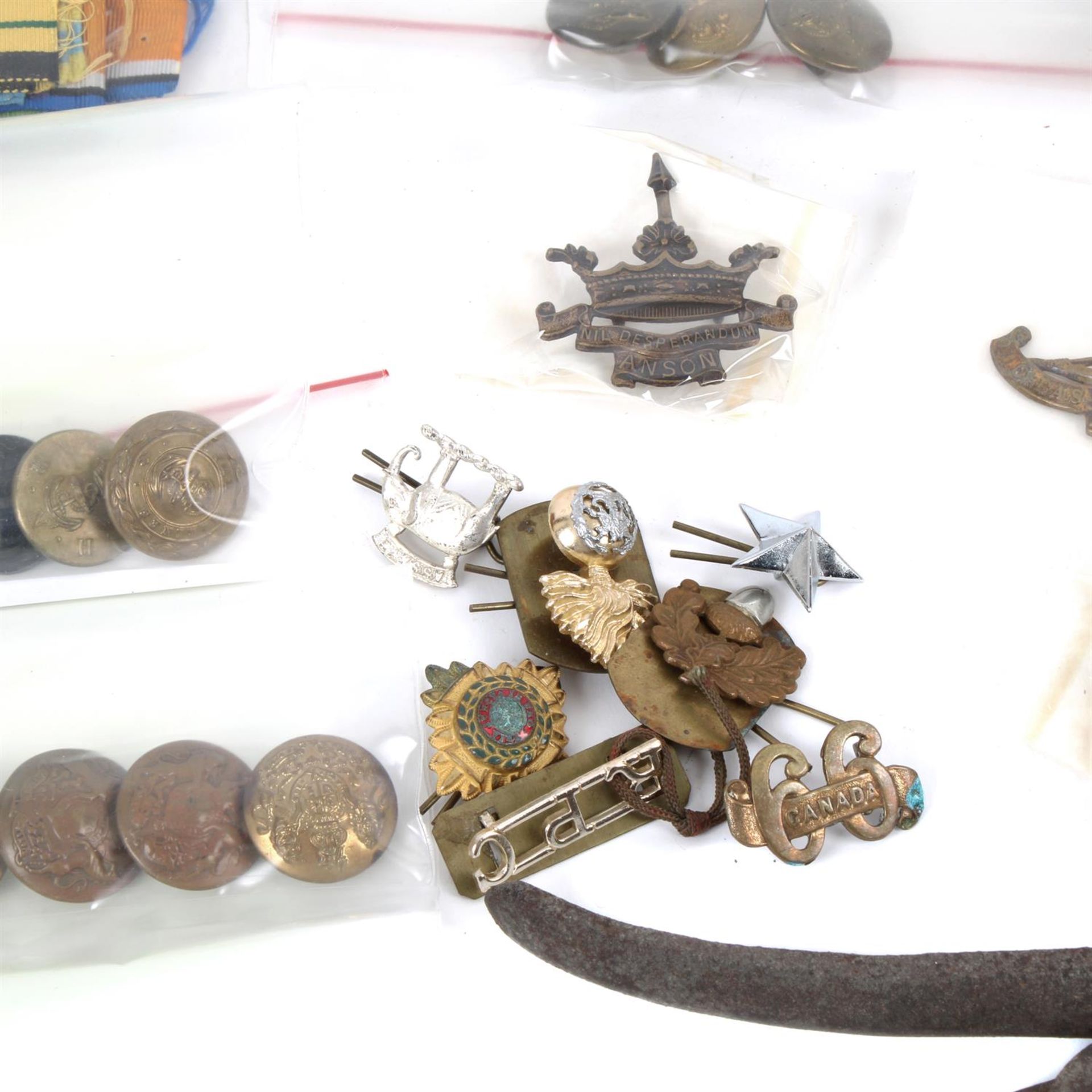 Assorted militaria to include cap badges, wire cutters, buttons and two walking sticks. - Image 5 of 5
