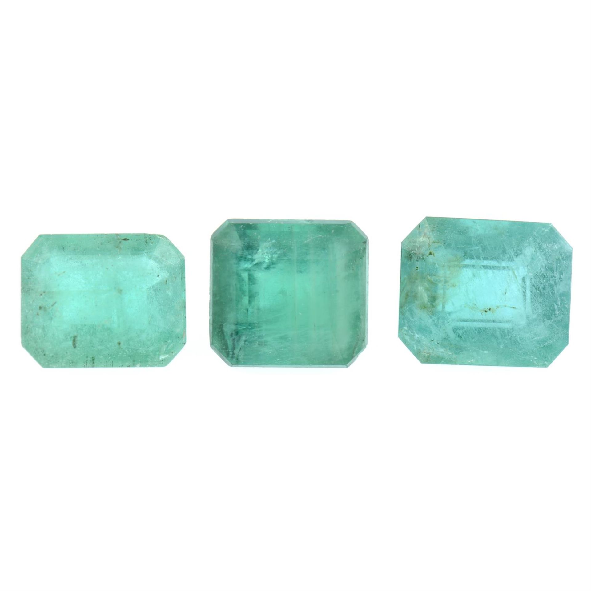 Three rectangular-shape emeralds, 3.08ct