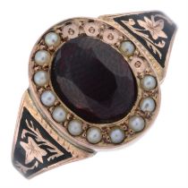 Edwardian 9ct gold garnet, pearl & enamel ring