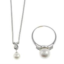 Cultured pearl & diamond ring & necklace