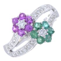 Emerald, ruby & diamond cluster ring