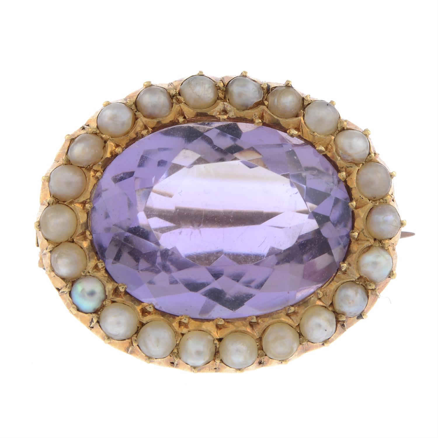 Early 20th 15ct gold amethyst & split pearl brooch