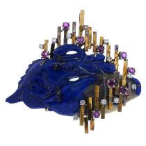 Lapis lazuli fish brooch, with gem highlights