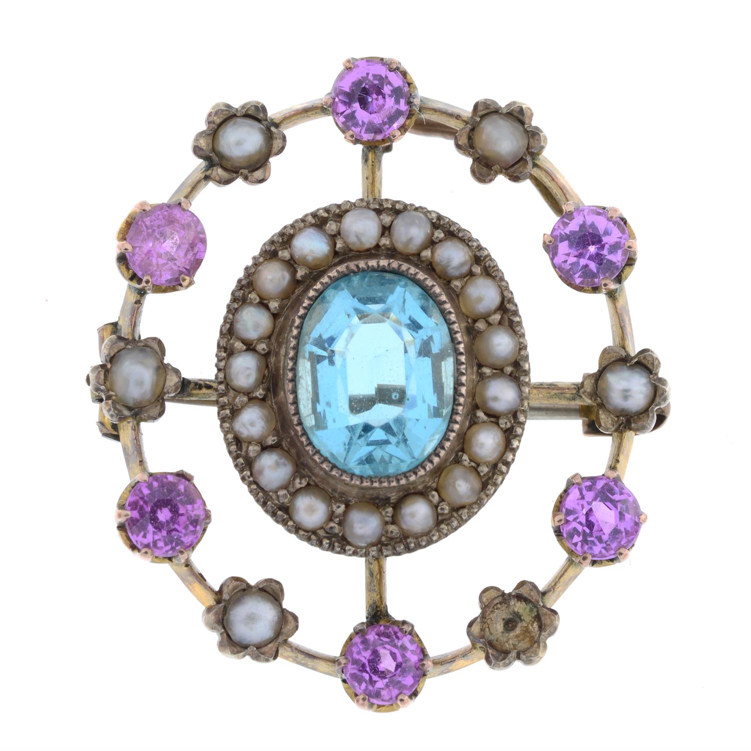 Paste, synthetic pink sapphire & split pearl brooch/pendant