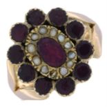 Edwardian 9ct gold garnet & split pearl cluster ring