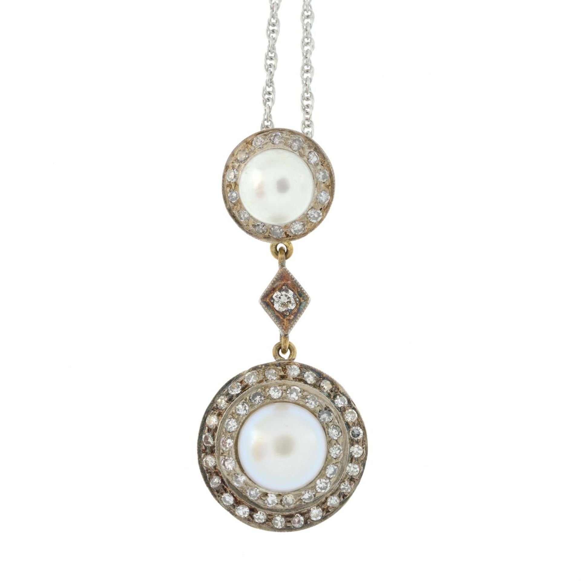 Edwardian silver & gold cultured pearl & diamond pendant, with later 18ct gold chain - Image 2 of 4