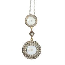 Edwardian silver & gold cultured pearl & diamond pendant, with later 18ct gold chain
