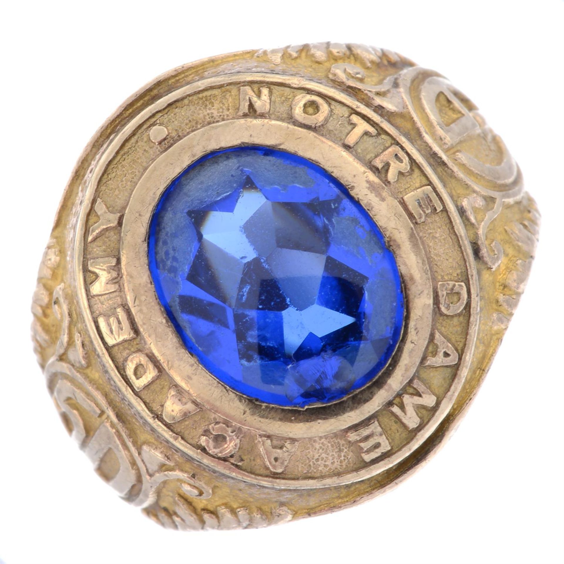 Blue paste 'Notre Dame Academy' graduation ring