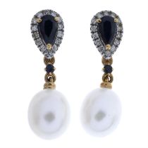 9ct gold sapphire, diamond & pearl drop earrings