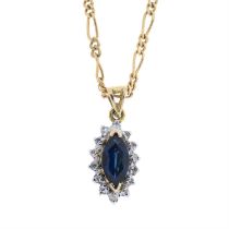 Sapphire & diamond cluster pendant, with chain.