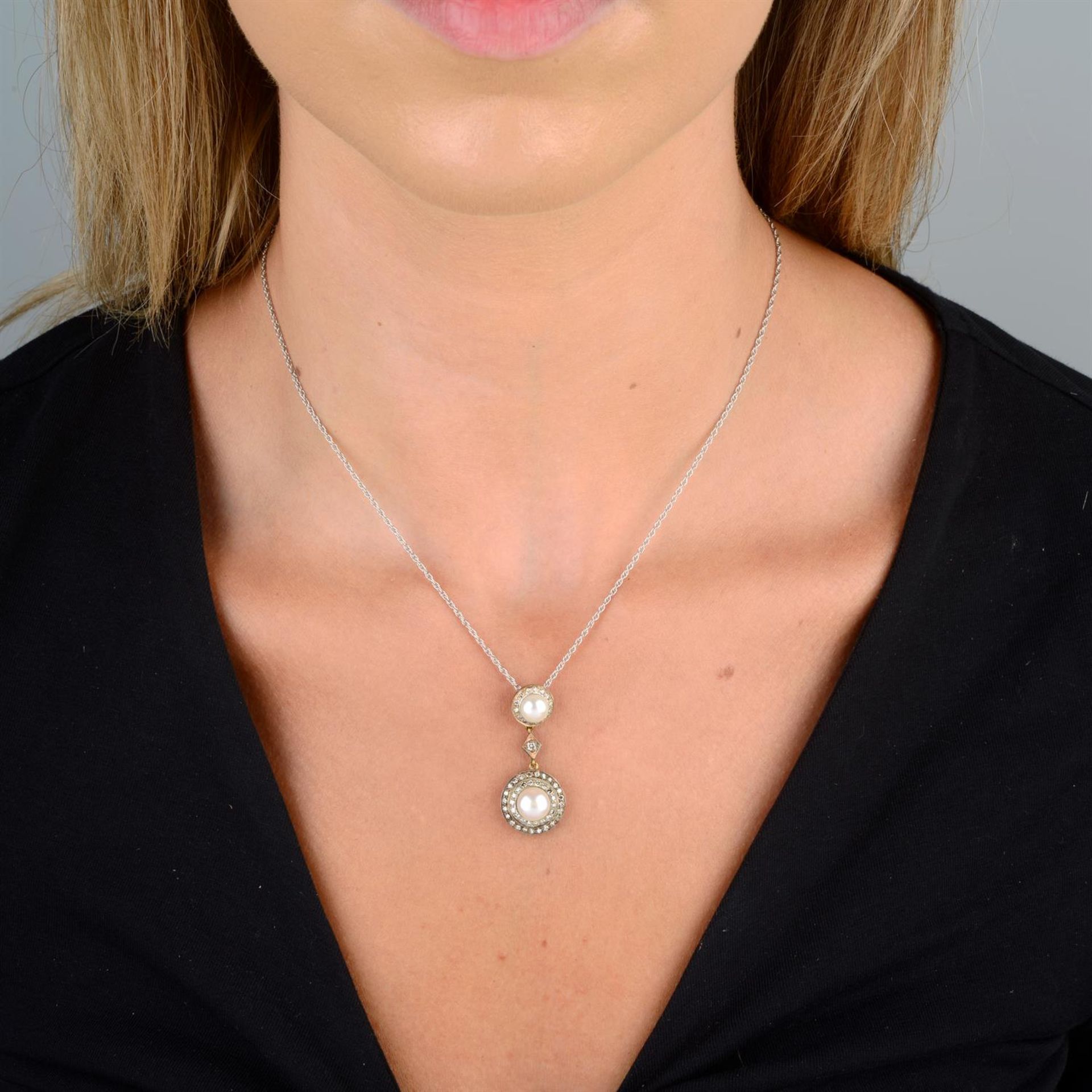 Edwardian silver & gold cultured pearl & diamond pendant, with later 18ct gold chain - Image 4 of 4