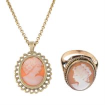 9ct gold cameo pendant, with chain & cameo ring