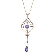 Edwardian gold amethyst & seed pearl pendant necklace