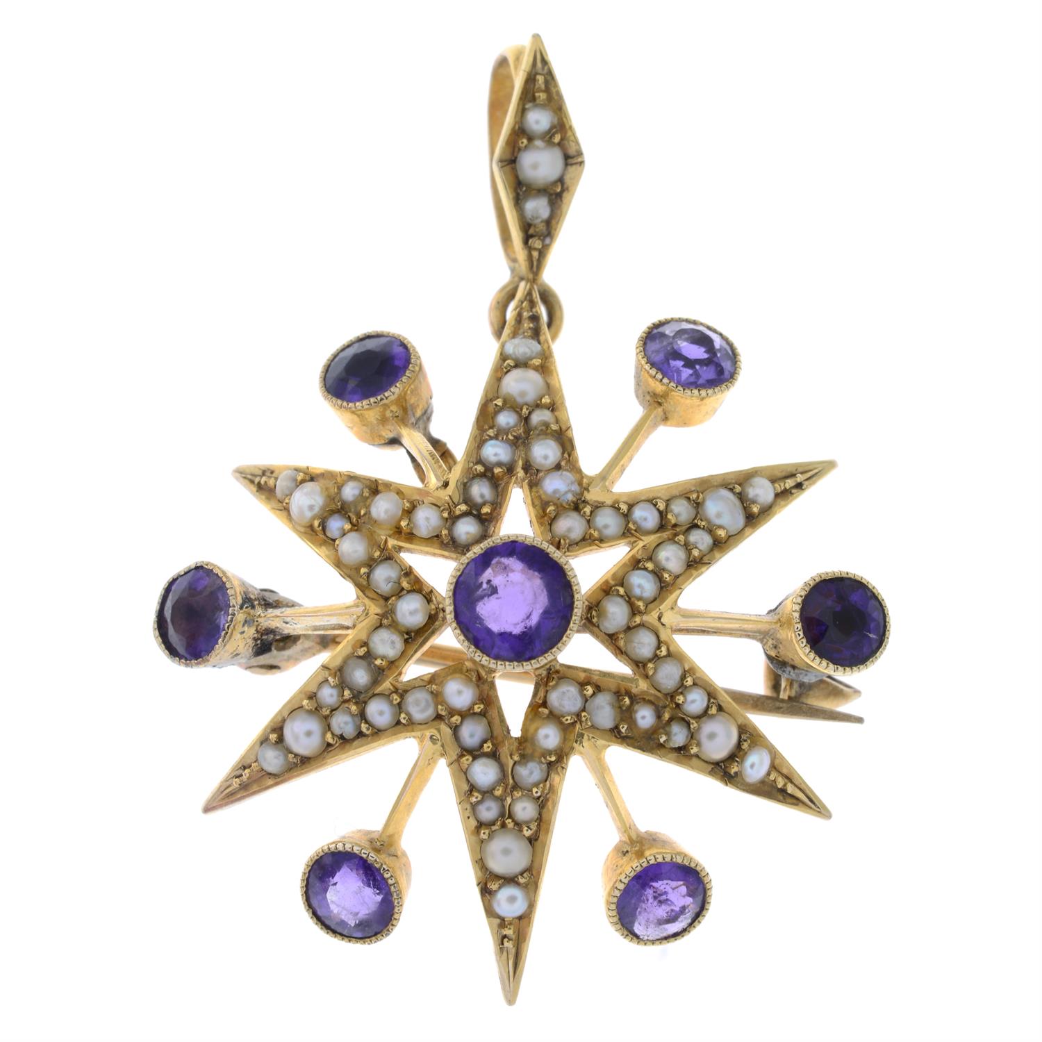 Early 20th century 9ct gold amethyst & split pearl starburst brooch/pendant