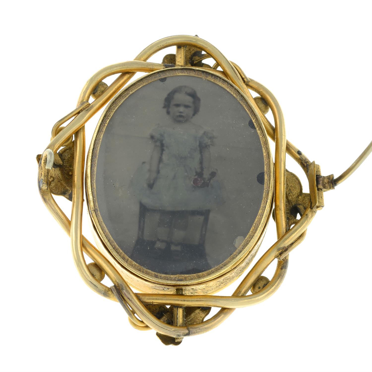 Late 19th century gilted metal hairwork swivel memorial brooch - Image 2 of 3