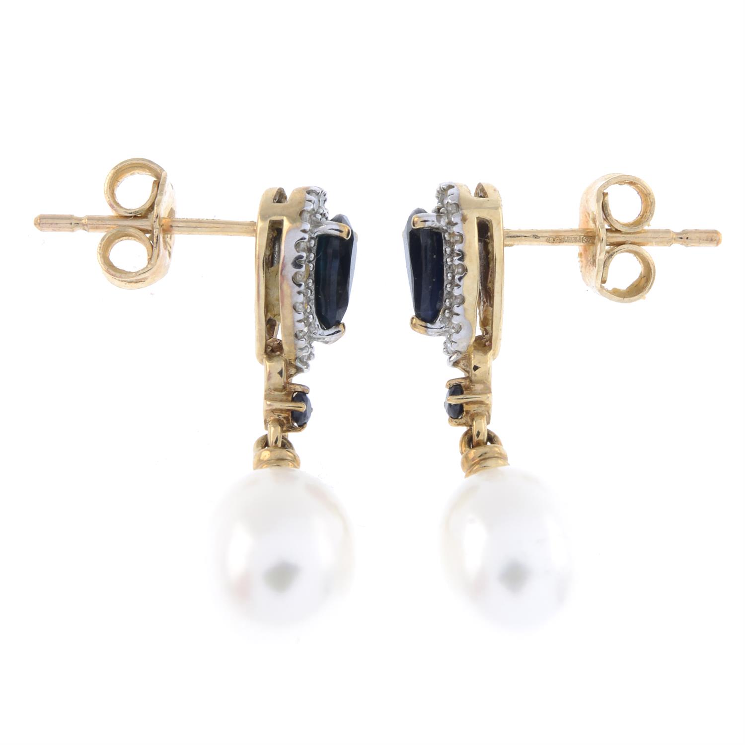 9ct gold sapphire, diamond & pearl drop earrings - Image 2 of 2