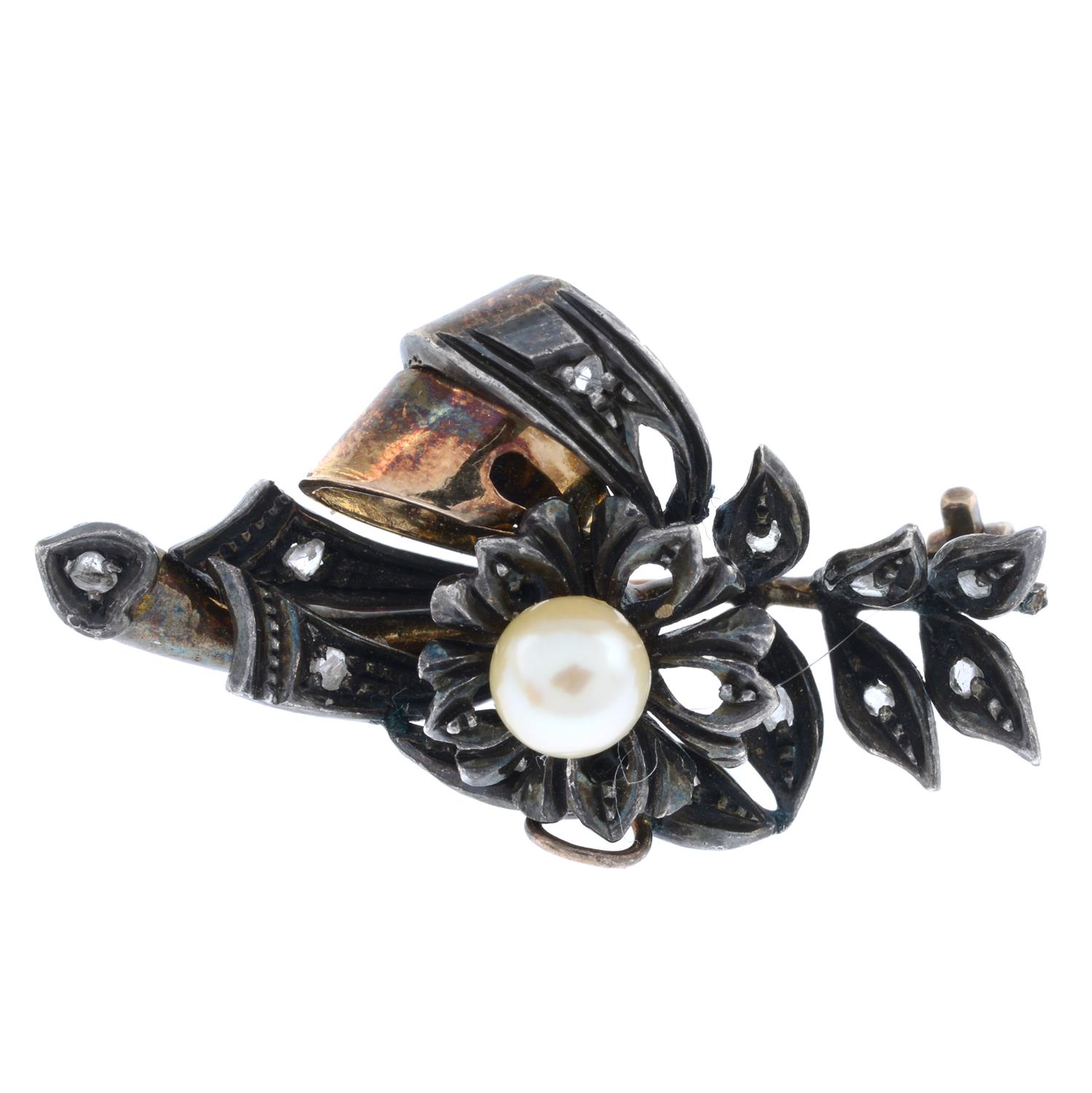Diamond & cultured pearl floral spray brooch