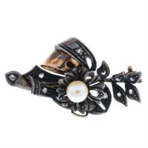 Diamond & cultured pearl floral spray brooch