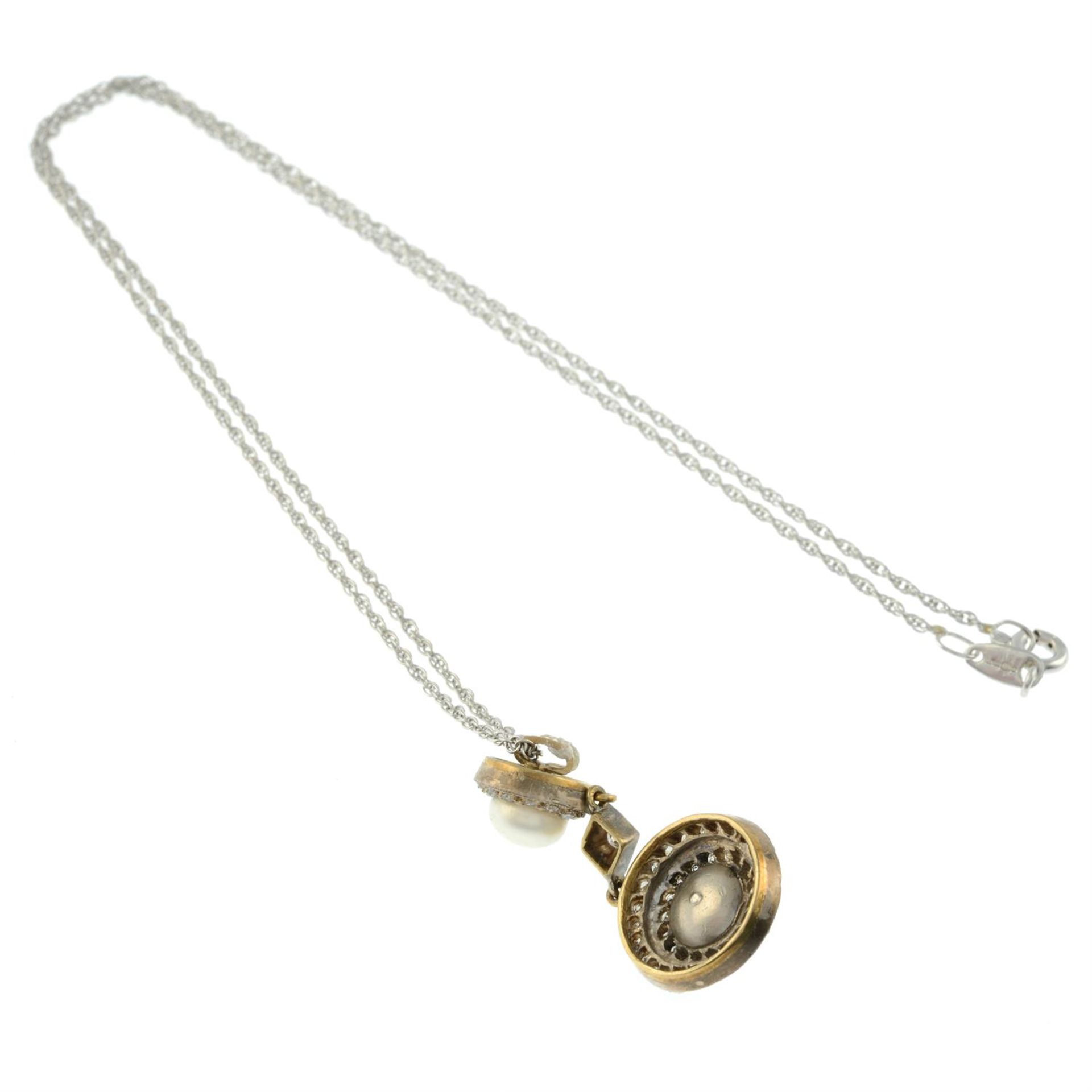 Edwardian silver & gold cultured pearl & diamond pendant, with later 18ct gold chain - Image 3 of 4