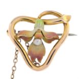 Art Nouveau 15ct gold seed pearl & enamel floral brooch