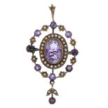 Early 20th gold amethyst & pearl pendant /brooch