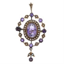 Early 20th gold amethyst & pearl pendant /brooch