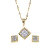 An 18ct gold square-shape diamond jewellery set, to include a pendant, together with a pair of