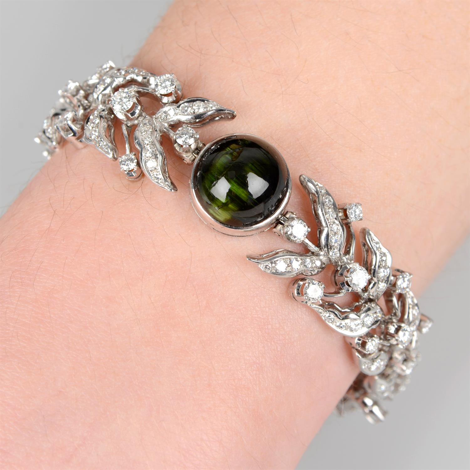 Cat's-eye tourmaline & diamond foliate bracelet - Image 3 of 3