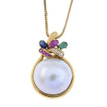 Mabe pearl & gem-set pendant, with chain