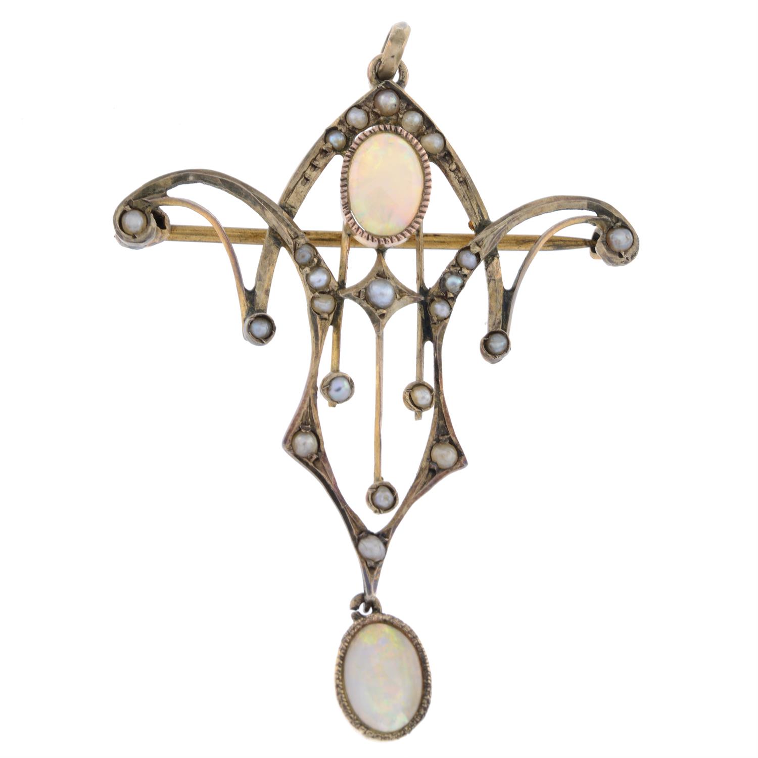 Early 20th century 9ct gold opal & split pearl pendant/brooch