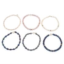 Six cultured pearl bracelets