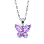 Pink sapphire butterfly pendant, with 18ct gold chain