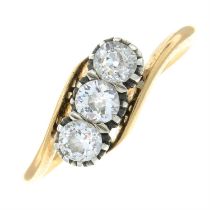 Diamond three-stone crossover ring