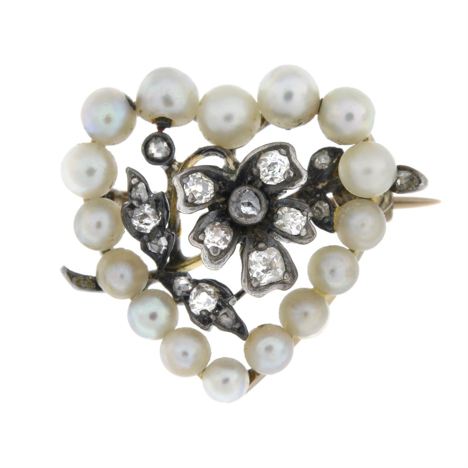 Victorian diamond & pearl floral heart brooch