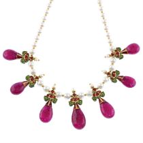 Cultured pearl, ruby, diamond & enamel necklace