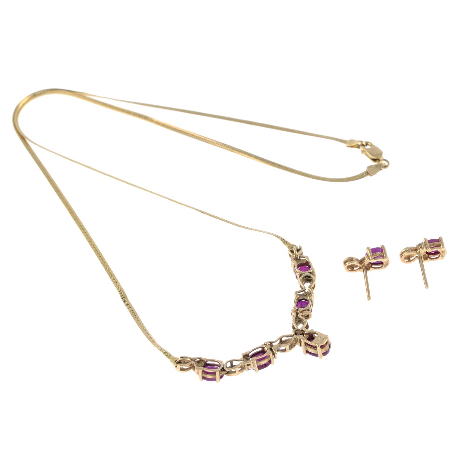 9ct gold ruby & diamond necklace & stud earrings - Image 2 of 3