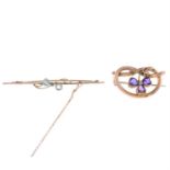 Two early 20th century 9ct gold gem-set brooches