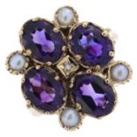 9ct gold amethyst, diamond & split pearl dress ring